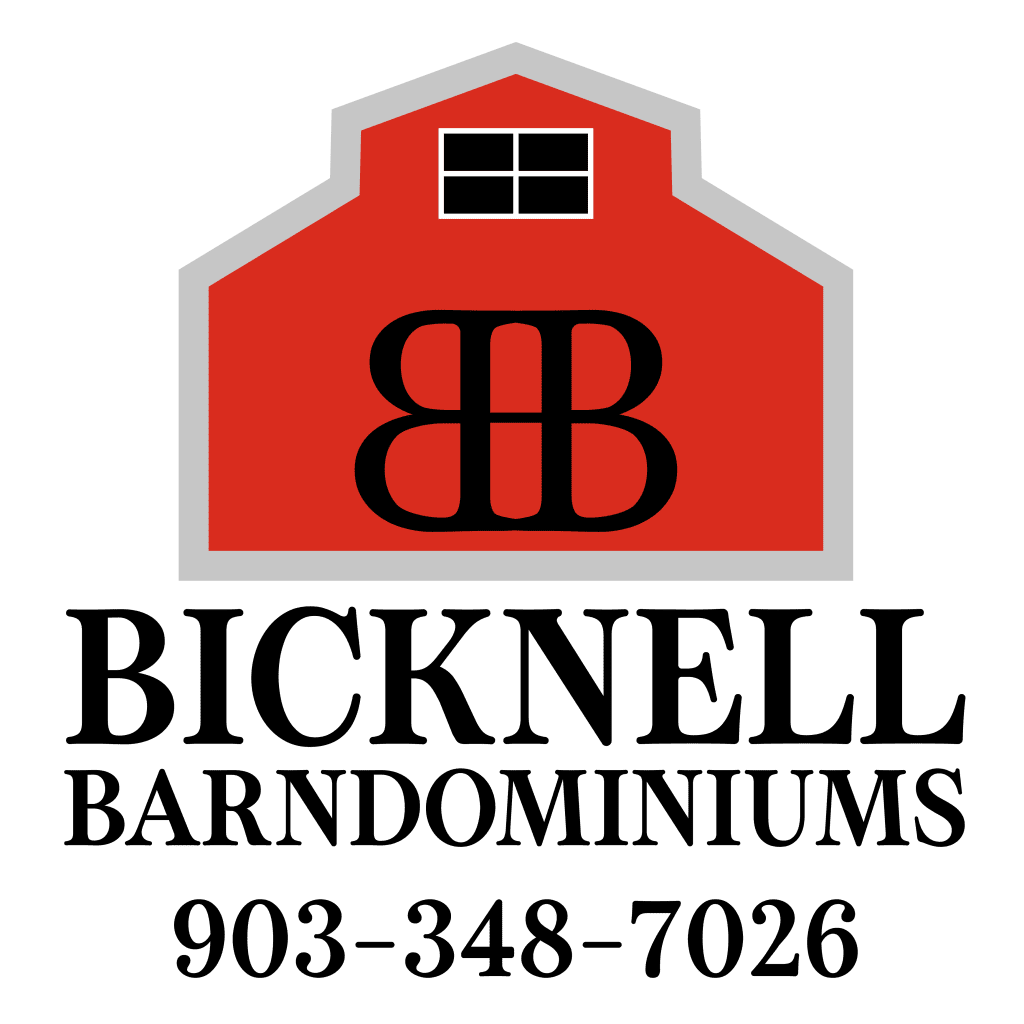 Logo for Bicknell Barndominiums featuring a red barn graphic with a window, stylized "BB" initials, and the phone number 903-348-7026—perfect for your custom home or Barndo and metal shops needs.