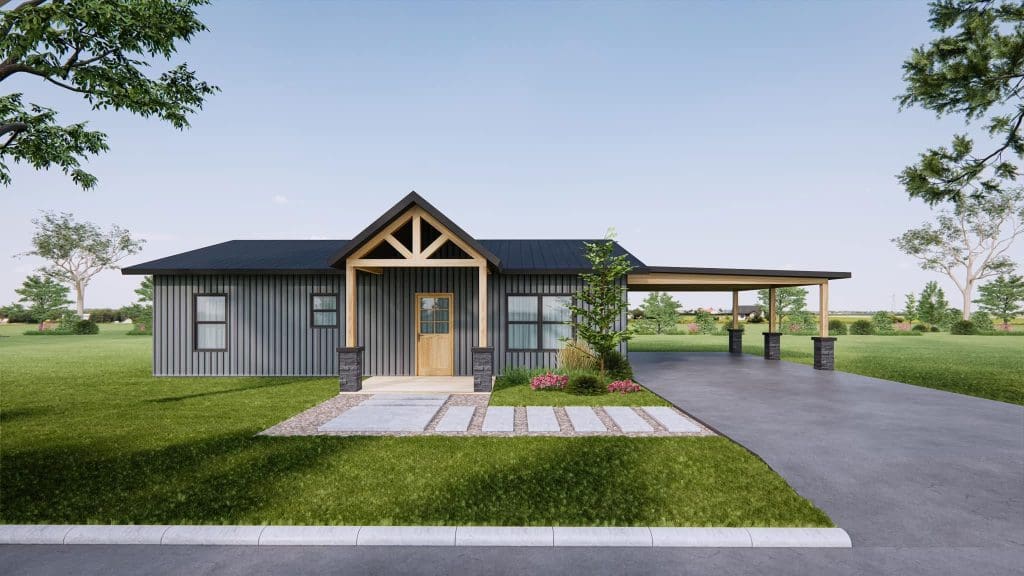 Modern single-story custom home with a metal roof, wooden accents, a small front porch, and an attached carport on the right, surrounded by green lawn and trees—crafted by an expert home builder.