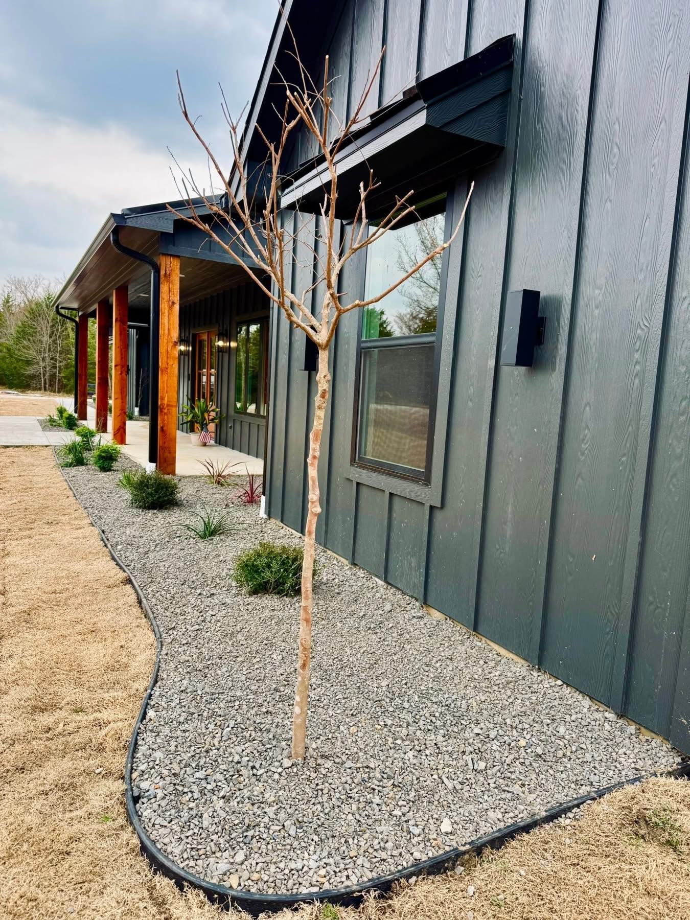 A leafless young tree stands in a gravel landscaping bed beside a dark gray house with wood porch posts and windows.